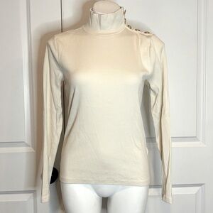 J. Crew Ivory Vintage Ribbed Mock Turtleneck Gold Button Shoulder Long Sleeve M